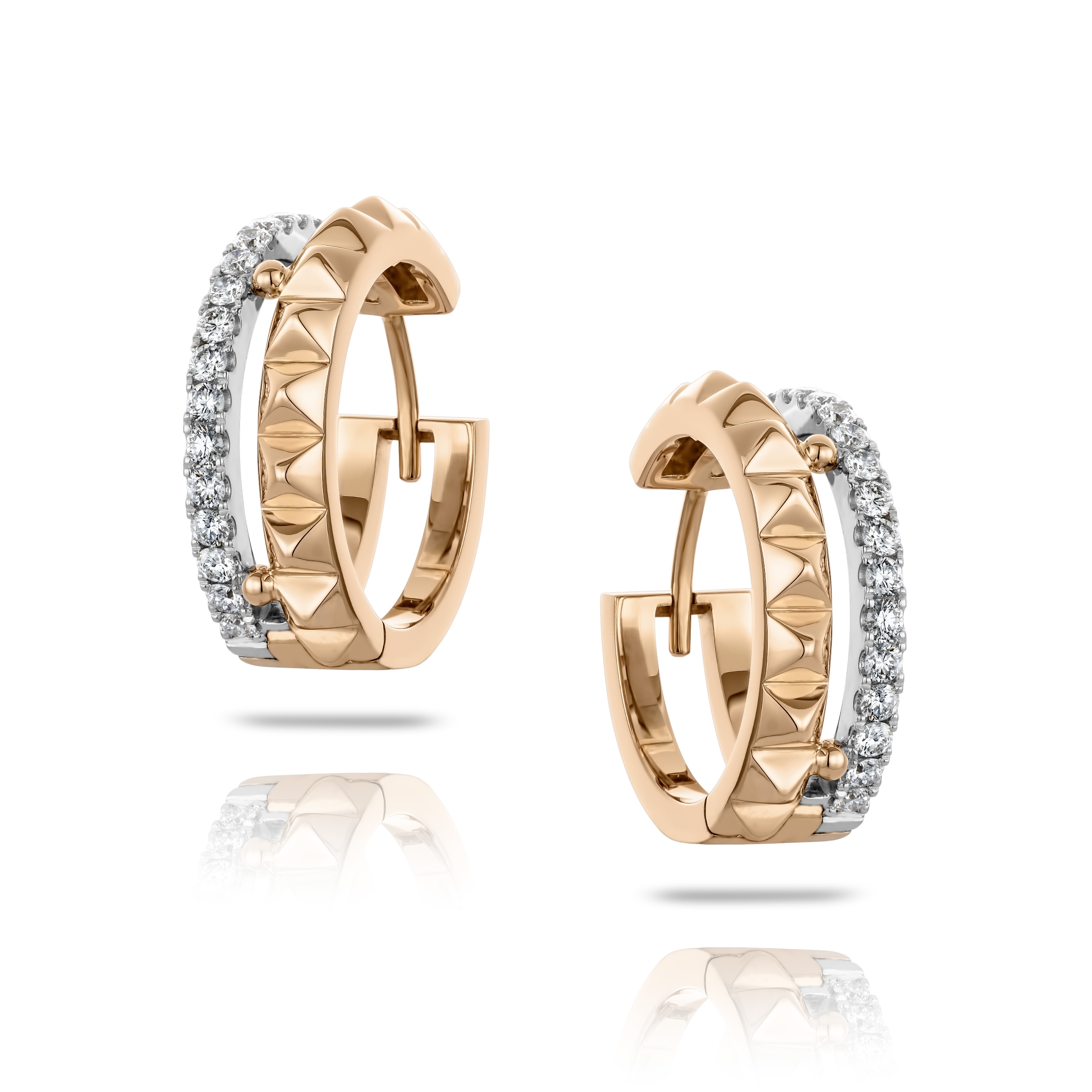 Boucles d'oreilles doubles Hulchi Belluni anneaux d'or rose pyramides et pavé de diamants