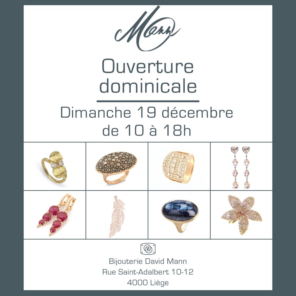 Ouverture dominicale à la Bijouterie David Mann le dimanche 19 décembre de 10h à 18h