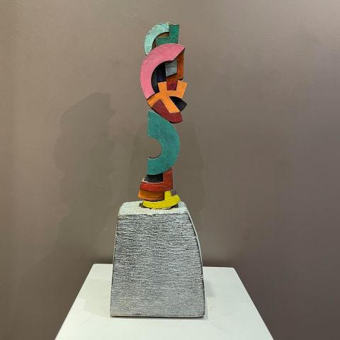 Sculpture David Mann Cantateur et son métronome - prototype - corten coloré sur pierre bleue