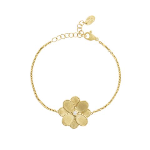 Bracelet simple Marco Bicego Lunaria Petali fleur d'or jaune guilloché, diamant central disponible dans notre bijouterie à Liège