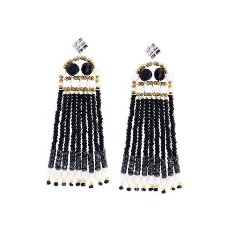 Boucles d'oreilles ZIIO Fenice Frange Black Pearl en spinelle noire, perles d'eau douce, perles en verre de Murano et zircons