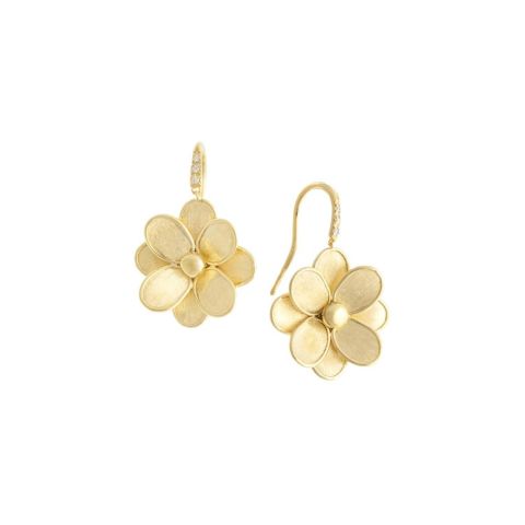 Boucles d'oreilles pendantes Marco Bicego Lunaria Petali, une fleur en or jaune guilloché et attache sertie de brillants