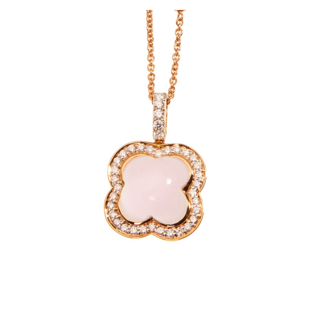 Pendentif Hulchi Belluni Quadrifoglio quartz rose entourage, diamants et or rose, détail