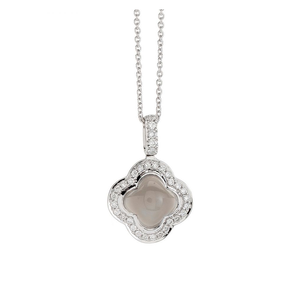 Pendentif Hulchi Belluni Quadrifoglio prierre de lune grise entourage diamants sur or blanc, détail