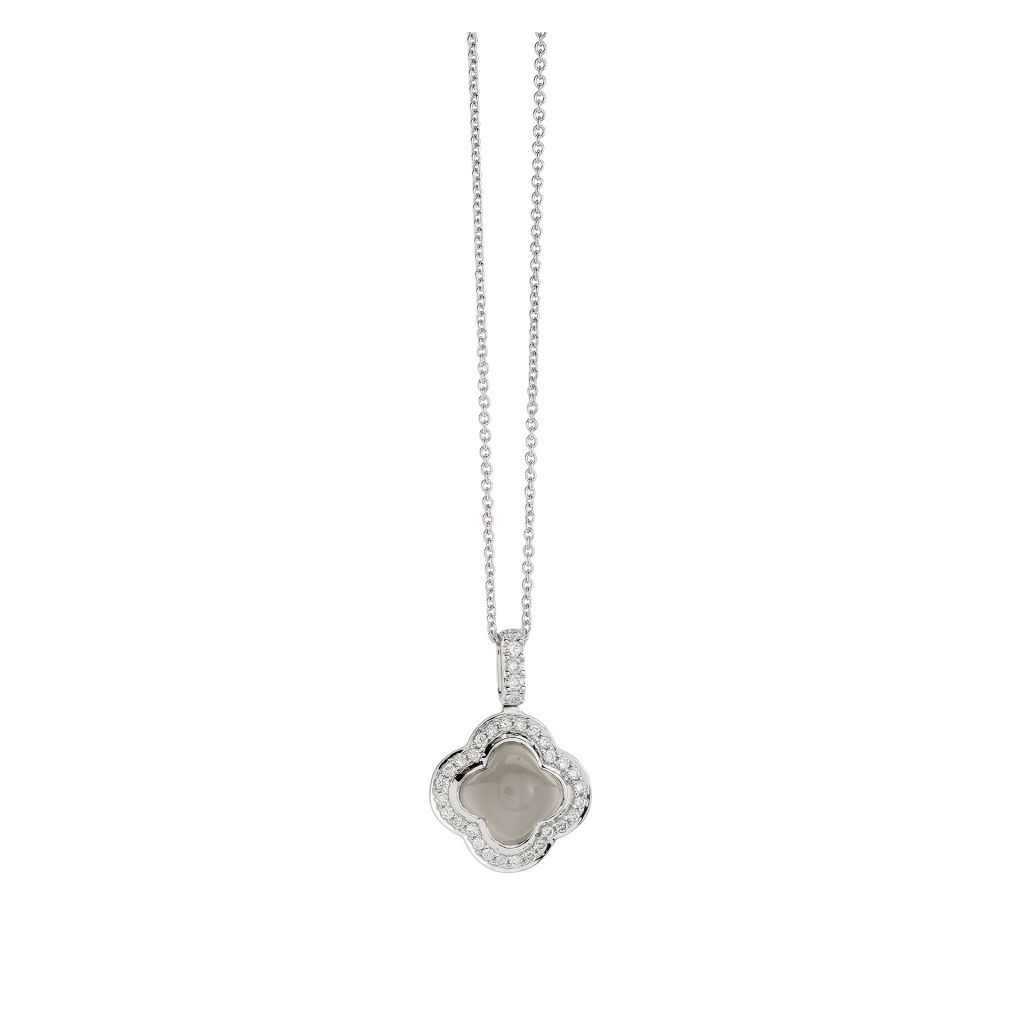 Pendentif Hulchi Belluni Quadrifoglio prierre de lune grise entourage diamants sur or blanc