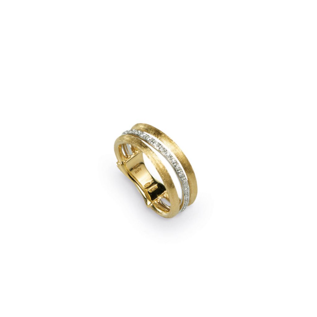 Bague Marco Bicego Jaipur Link 3 fils en or jaune guilloché et or blanc pavé de diamants