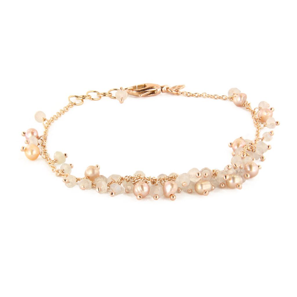 Bracelet Brusi Fringe calcédoines blanches et perles sur or rose