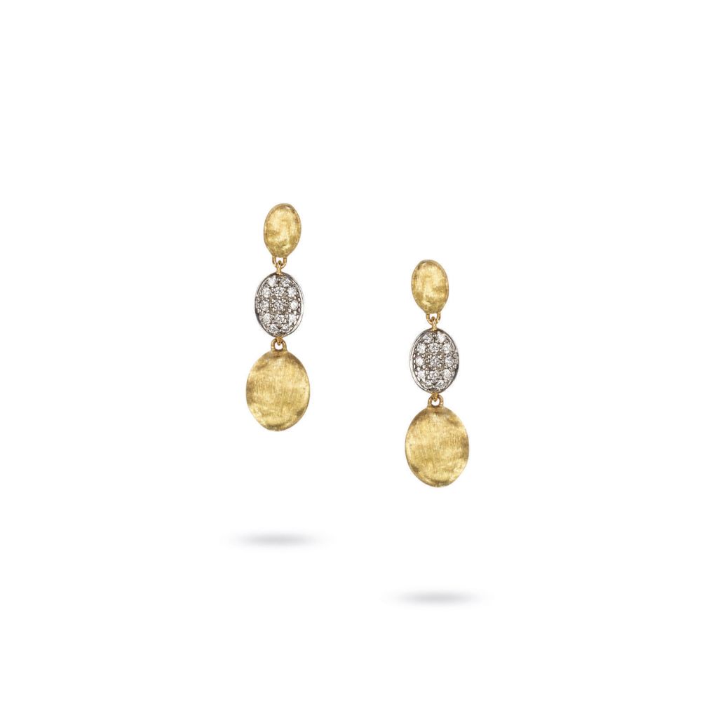 Boucles d'oreilles Marco Bicego Siviglia 3 motifs or jaune guilloché et pavé de diamants